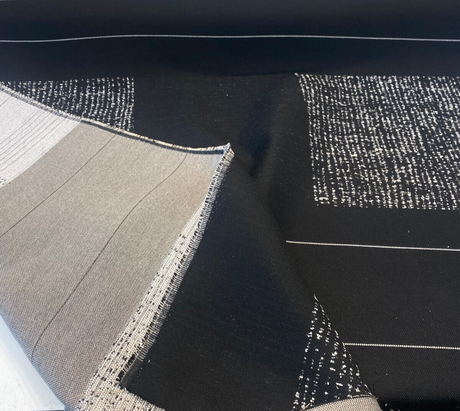 Sunbrella Soft Chenille Drift Onyx Black Solution Dyed Acrylic Fabric - Off White, Large Horizontal Repeat, 56" Width (1 Yard)