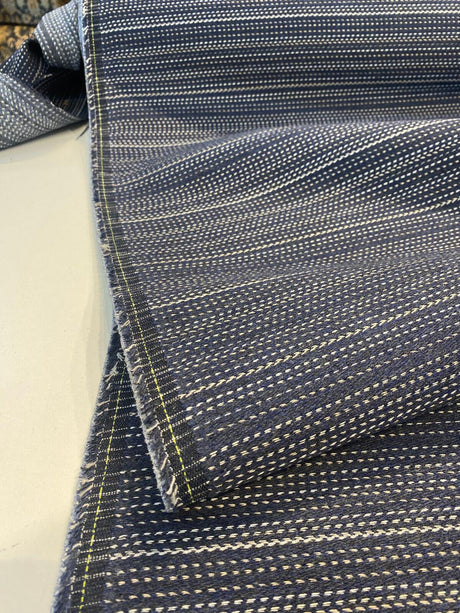 Sunbrella Achiever Solution Dyed Acrylic Fabric - Navy Blue With White And Light Beige Stripes, 54" Width (1 Yard)