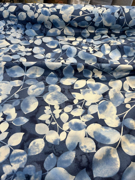 Waverly Silva Lapis Cotton Fabric - Blue Watercolor Leaves, 54" Width (1 Yard)