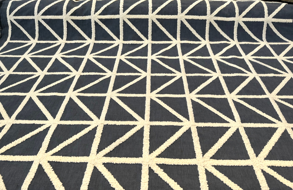 Port Of Call Embroidered Cotton Polyester Fabric - Indigo Blue White Lattice, 55" Width (1 Yard)
