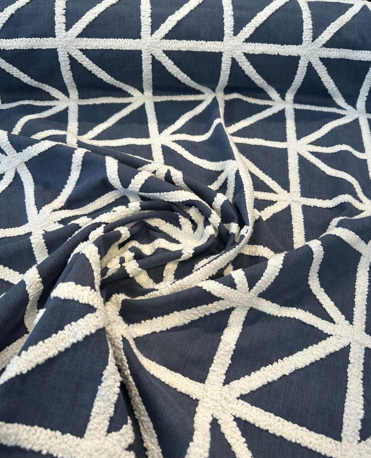 Port Of Call Embroidered Cotton Polyester Fabric - Indigo Blue White Lattice, 55" Width (1 Yard)