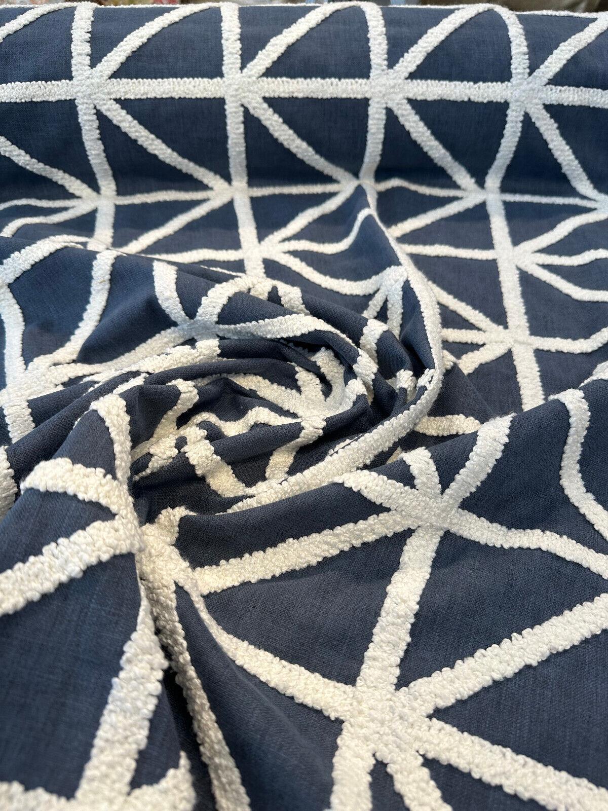 Port Of Call Embroidered Cotton Polyester Fabric - Indigo Blue White Lattice, 55" Width (1 Yard)