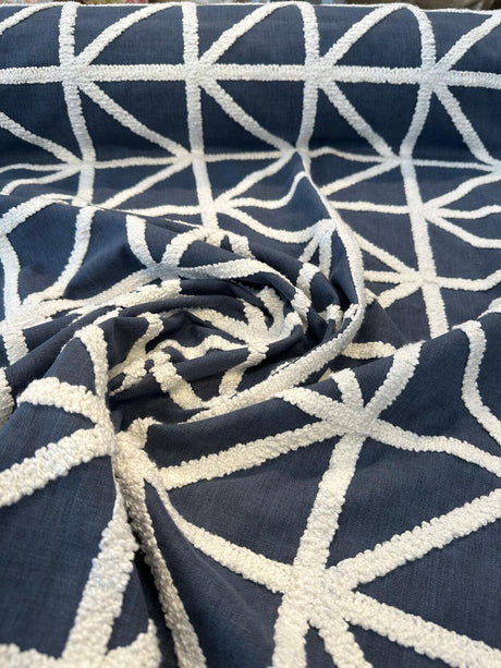 Port Of Call Embroidered Cotton Polyester Fabric - Indigo Blue White Lattice, 55" Width (1 Yard)