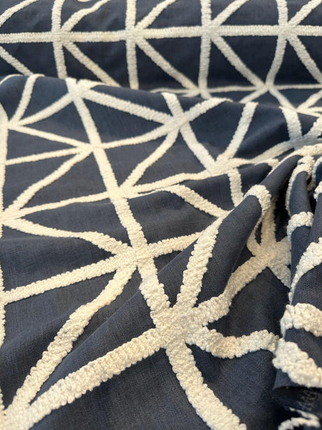 Port Of Call Embroidered Cotton Polyester Fabric - Indigo Blue White Lattice, 55" Width (1 Yard)