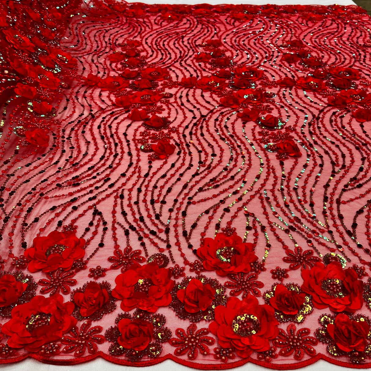 Beaded 3D Floral Lace Fabric