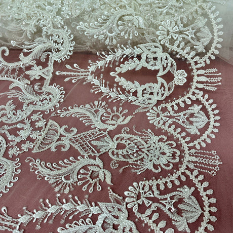 1 Yard Elegant Beaded Lace Fabric Embroidered on Polyester Net Mesh