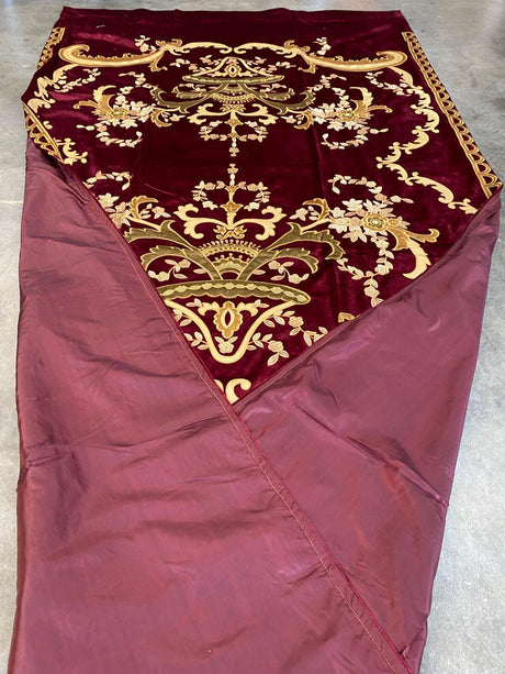 Italian Burgundy Embroidered Velvet Fabric - Burgundy, Gold Embroidery, 52"-54" Width, 113"-116" Length (1 Panel)
