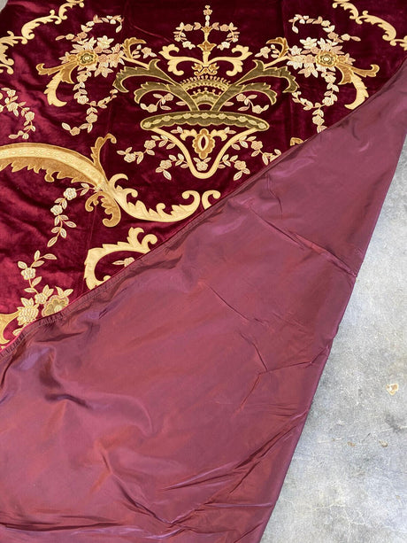 Italian Burgundy Embroidered Velvet Fabric - Burgundy, Gold Embroidery, 52"-54" Width, 113"-116" Length (1 Panel)