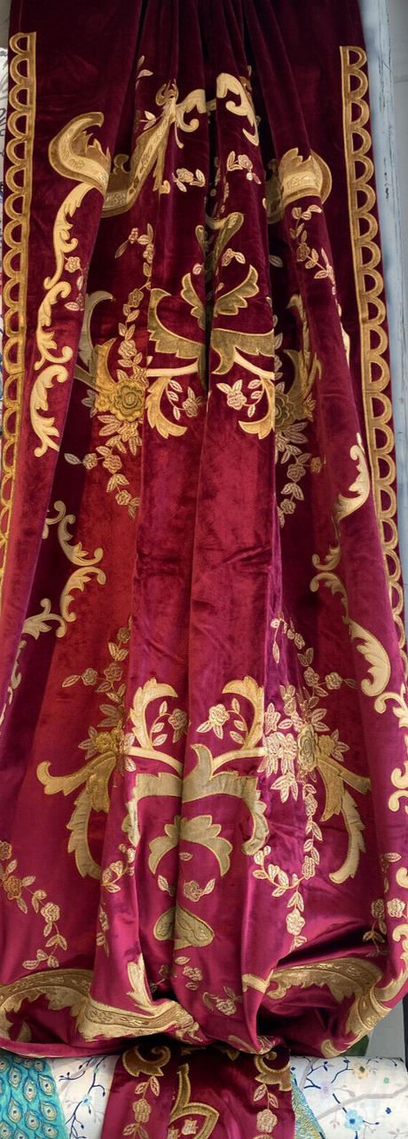 Italian Burgundy Embroidered Velvet Fabric - Burgundy, Gold Embroidery, 52"-54" Width, 113"-116" Length (1 Panel)