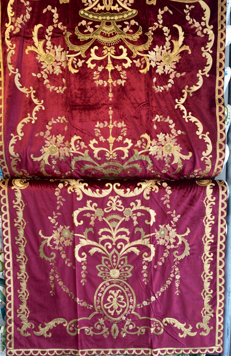 Italian Burgundy Embroidered Velvet Fabric - Burgundy, Gold Embroidery, 52"-54" Width, 113"-116" Length (1 Panel)