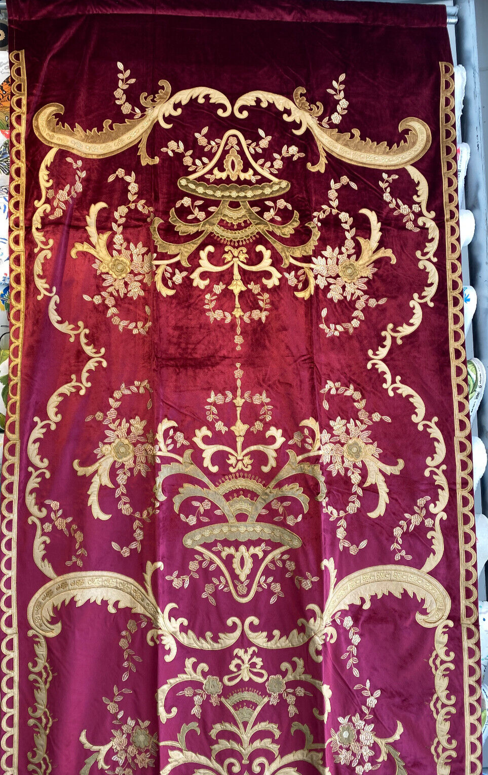 Italian Burgundy Embroidered Velvet Fabric - Burgundy, Gold Embroidery, 52"-54" Width, 113"-116" Length (1 Panel)