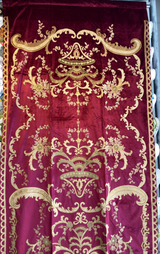 Italian Burgundy Embroidered Velvet Fabric - Burgundy, Gold Embroidery, 52"-54" Width, 113"-116" Length (1 Panel)