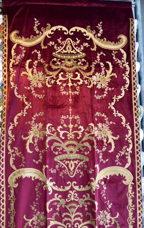 Italian Burgundy Embroidered Velvet Fabric - Burgundy, Gold Embroidery, 52"-54" Width, 113"-116" Length (1 Panel)