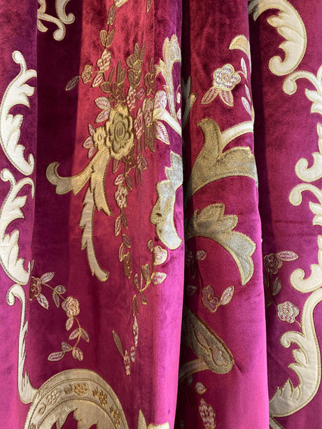 Italian Burgundy Embroidered Velvet Fabric - Burgundy, Gold Embroidery, 52"-54" Width, 113"-116" Length (1 Panel)