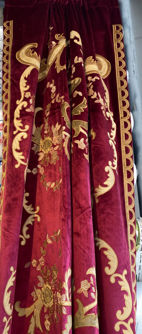 Italian Burgundy Embroidered Velvet Fabric - Burgundy, Gold Embroidery, 52"-54" Width, 113"-116" Length (1 Panel)