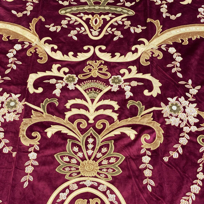 Italian Burgundy Embroidered Velvet Fabric - Burgundy, Gold Embroidery, 52"-54" Width, 113"-116" Length (1 Panel)