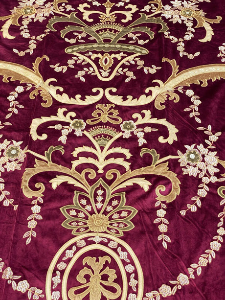 Italian Burgundy Embroidered Velvet Fabric - Burgundy, Gold Embroidery, 52"-54" Width, 113"-116" Length (1 Panel)