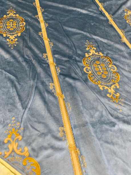 Italian Light Blue Embroidered Velvet Fabric - Light Blue, Gold Embroidery, 52" To 54" Width, 113" To 116" Length (1 Panel)