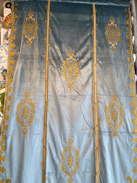 Italian Light Blue Embroidered Velvet Fabric - Light Blue, Gold Embroidery, 52" To 54" Width, 113" To 116" Length (1 Panel)