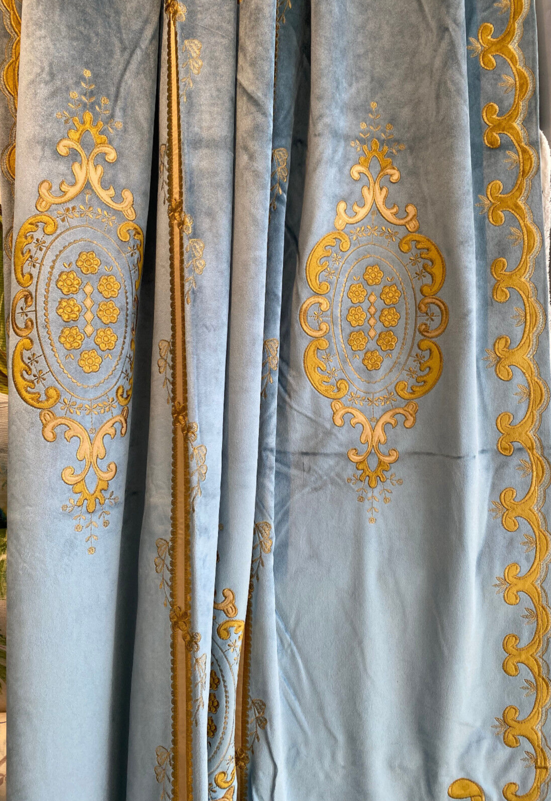 Italian Light Blue Embroidered Velvet Fabric - Light Blue, Gold Embroidery, 52" To 54" Width, 113" To 116" Length (1 Panel)