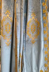 Italian Light Blue Embroidered Velvet Fabric - Light Blue, Gold Embroidery, 52" To 54" Width, 113" To 116" Length (1 Panel)