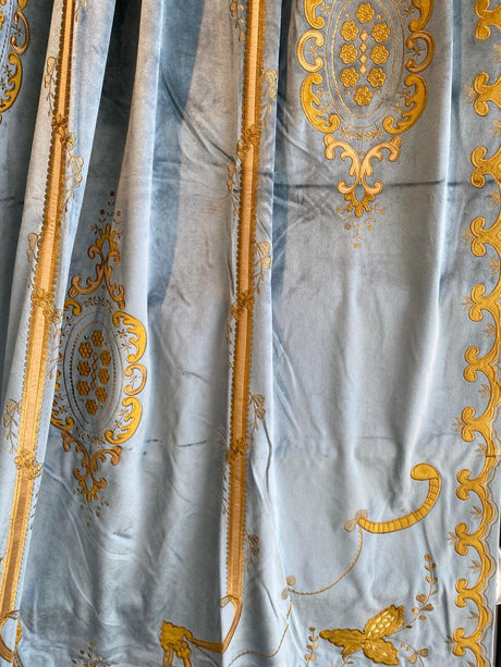 Italian Light Blue Embroidered Velvet Fabric - Light Blue, Gold Embroidery, 52" To 54" Width, 113" To 116" Length (1 Panel)