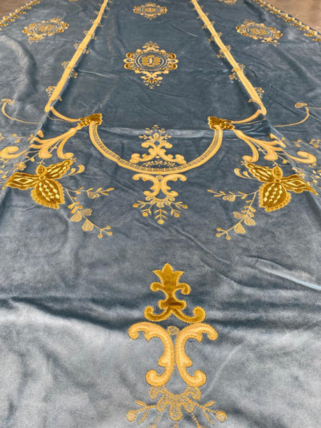 Italian Light Blue Embroidered Velvet Fabric - Light Blue, Gold Embroidery, 52" To 54" Width, 113" To 116" Length (1 Panel)