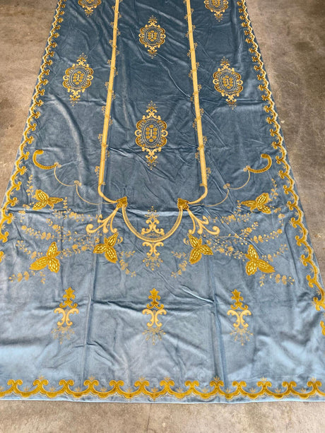 Italian Light Blue Embroidered Velvet Fabric - Light Blue, Gold Embroidery, 52" To 54" Width, 113" To 116" Length (1 Panel)