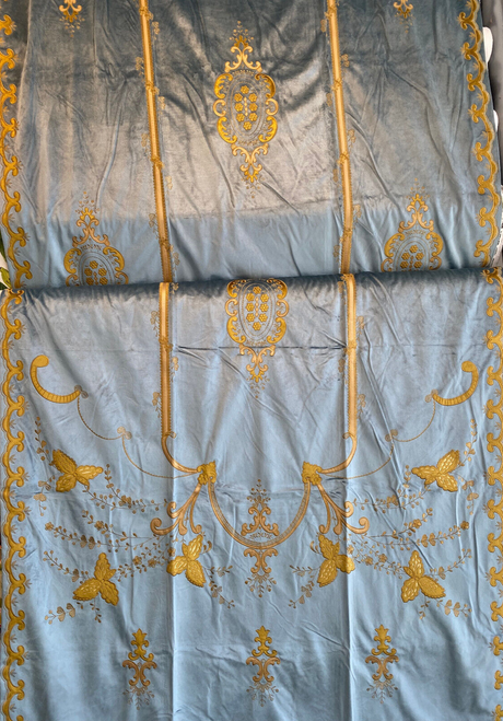 Italian Light Blue Embroidered Velvet Fabric - Light Blue, Gold Embroidery, 52" To 54" Width, 113" To 116" Length (1 Panel)
