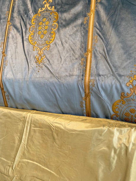 Italian Light Blue Embroidered Velvet Fabric - Light Blue, Gold Embroidery, 52" To 54" Width, 113" To 116" Length (1 Panel)
