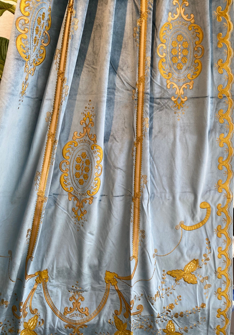 Italian Light Blue Embroidered Velvet Fabric - Light Blue, Gold Embroidery, 52" To 54" Width, 113" To 116" Length (1 Panel)