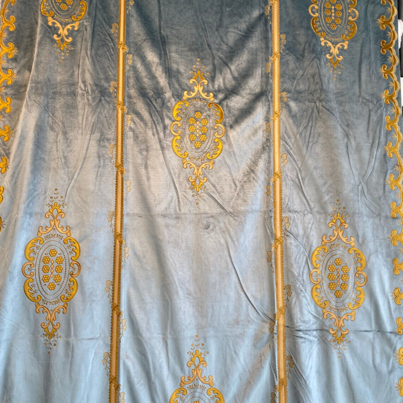 Italian Light Blue Embroidered Velvet Fabric - Light Blue, Gold Embroidery, 52" To 54" Width, 113" To 116" Length (1 Panel)