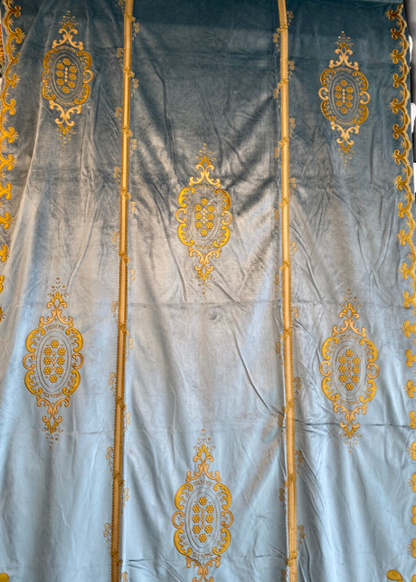 Italian Light Blue Embroidered Velvet Fabric - Light Blue, Gold Embroidery, 52" To 54" Width, 113" To 116" Length (1 Panel)