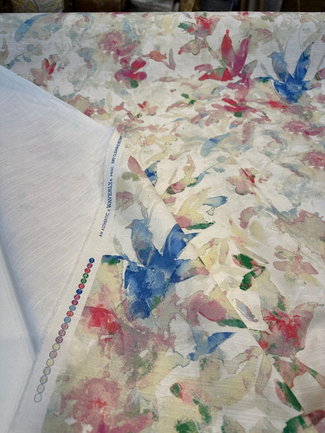 Waverly Soft Focus Bloom Cotton Fabric - Floral, Beige Background With Blue, Pale Pink, Ivory, And Green, 54" Width (By The Yard)