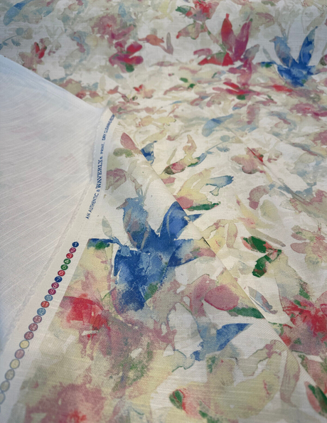 Waverly Soft Focus Bloom Cotton Fabric - Floral, Beige Background With Blue, Pale Pink, Ivory, And Green, 54" Width (By The Yard)