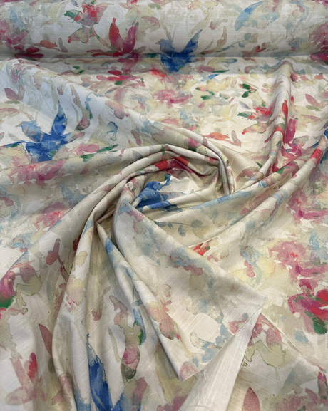 Waverly Soft Focus Bloom Cotton Fabric - Floral, Beige Background With Blue, Pale Pink, Ivory, And Green, 54" Width (By The Yard)