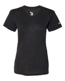 Camiseta de manga corta con cuello en V de rendimiento triblend para mujer