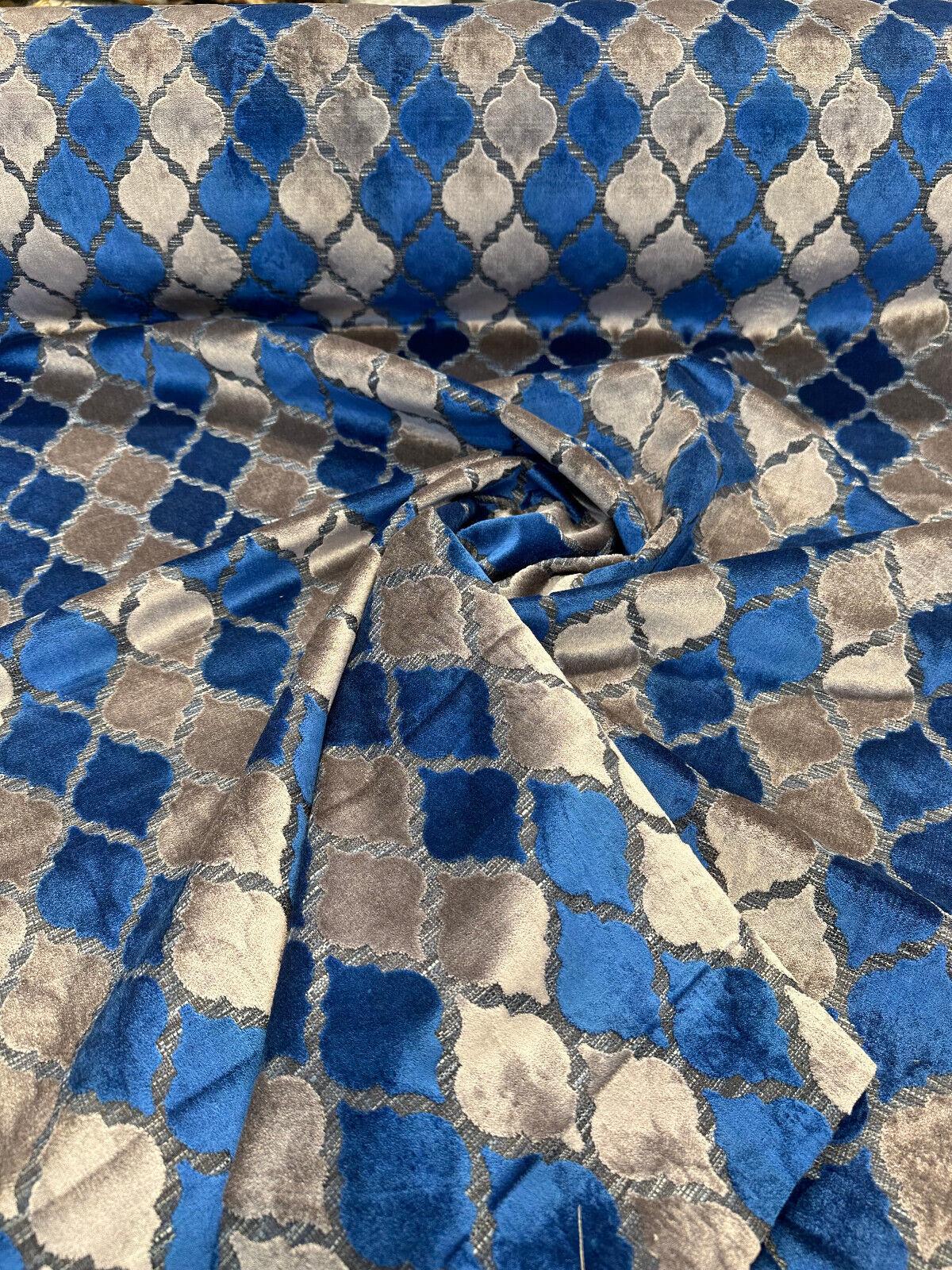 Nubia Cobalt Navy Upholstery Velvet Fabric - Blue Gray Raised Velvet, 54" Width, 6.75" Horizontal Repeat, 7.5" Vertical Repeat (1 Yard)