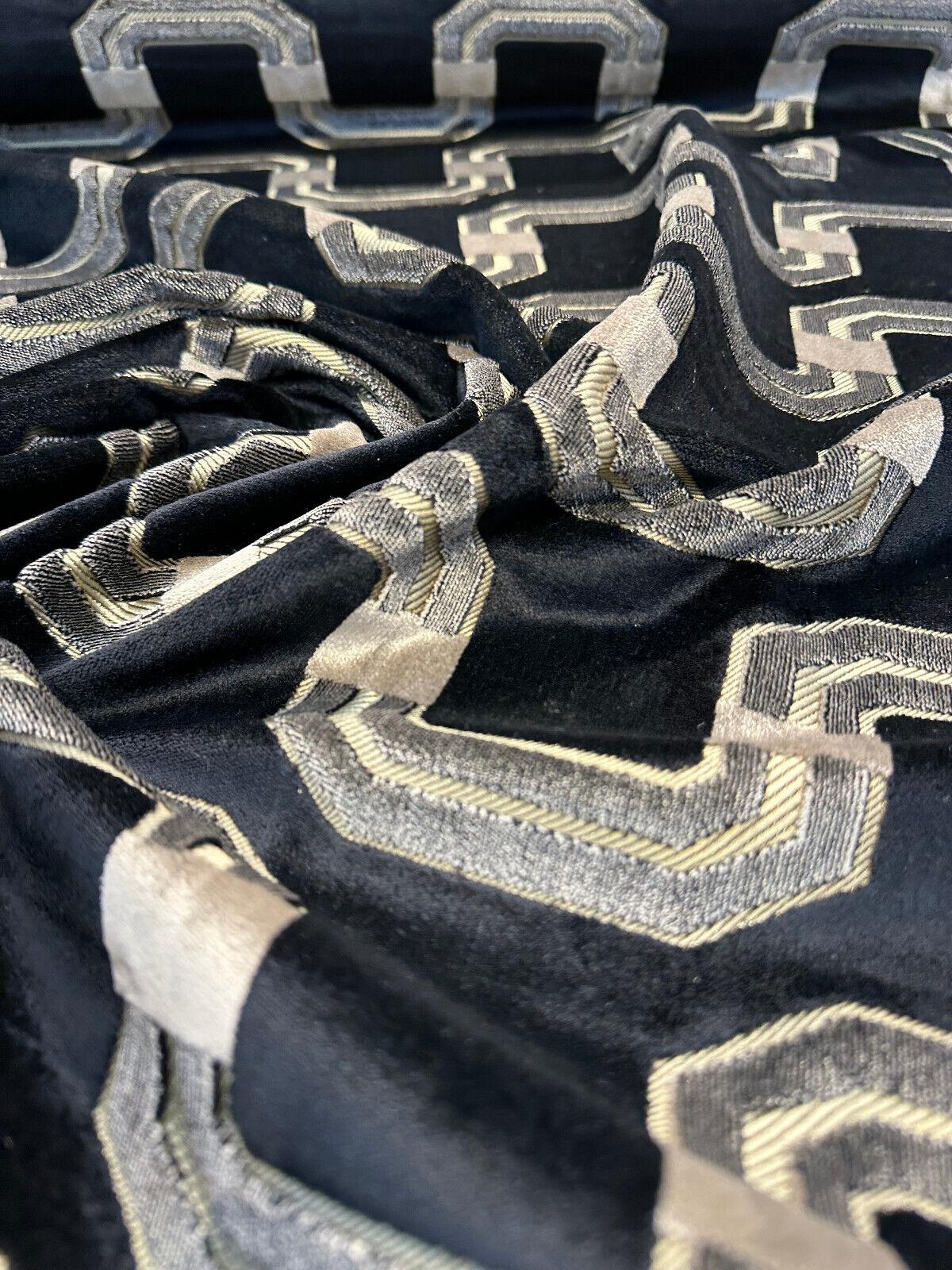 Ravello Black Velvet Raised Upholstery Fabric - Black, Silver, Charcoal, Dark Gold, 56" Width (1 Yard)