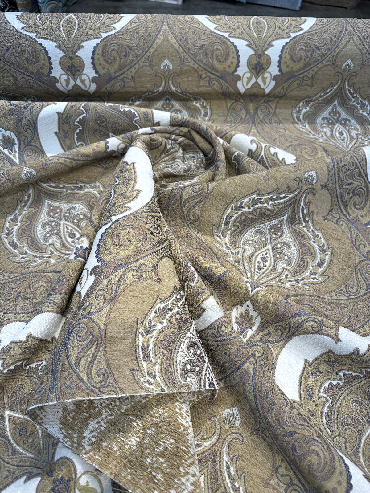 Casablanca Chenille Upholstery Fabric - Ivory Treasure Damask, 54" Width (By The Yard)