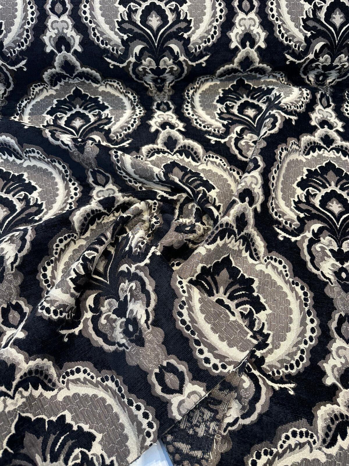 Algiers Onyx Chenille Upholstery Fabric - Black Damask, 56" Width (1 Yard)
