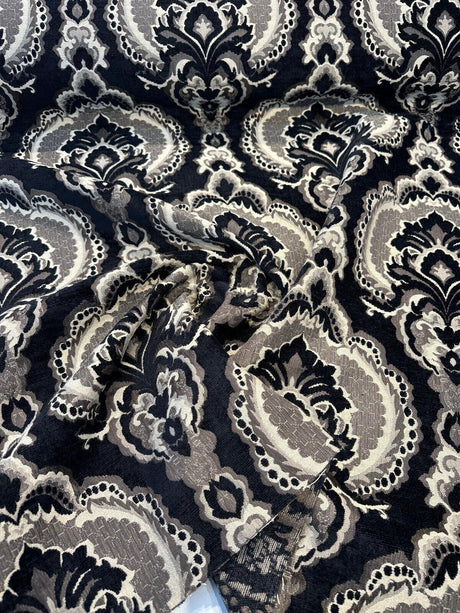 Algiers Onyx Chenille Upholstery Fabric - Black Damask, 56" Width (1 Yard)
