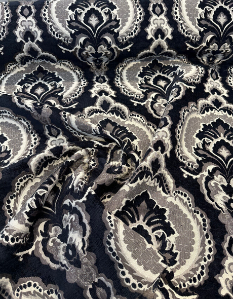 Algiers Onyx Chenille Upholstery Fabric - Black Damask, 56" Width (1 Yard)