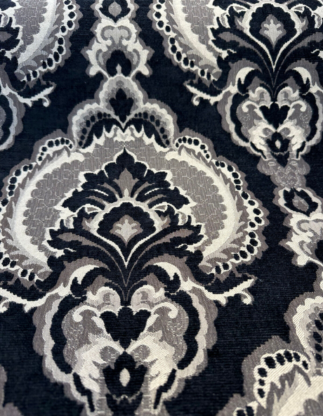 Algiers Onyx Chenille Upholstery Fabric - Black Damask, 56" Width (1 Yard)