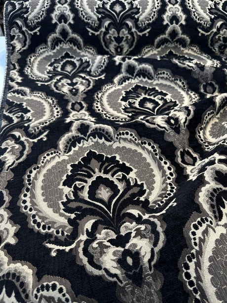 Algiers Onyx Chenille Upholstery Fabric - Black Damask, 56" Width (1 Yard)