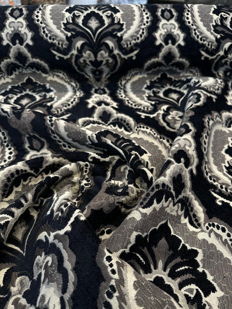 Algiers Onyx Chenille Upholstery Fabric - Black Damask, 56" Width (1 Yard)