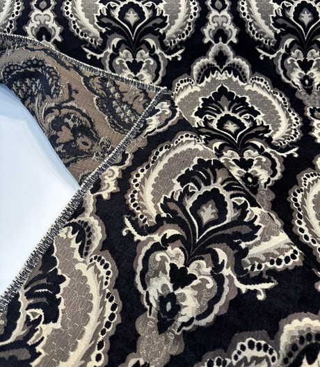 Algiers Onyx Chenille Upholstery Fabric - Black Damask, 56" Width (1 Yard)