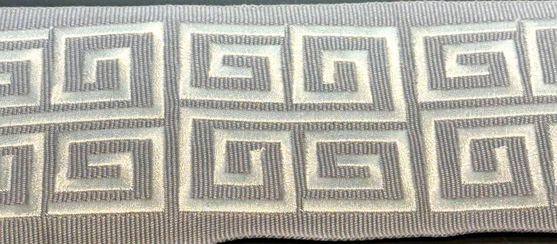 Fabricut Embroidery Silver Double Greek Key Trim Tape - Silver With White/Off White Embroidery Design, 3" Width (1 Yard)