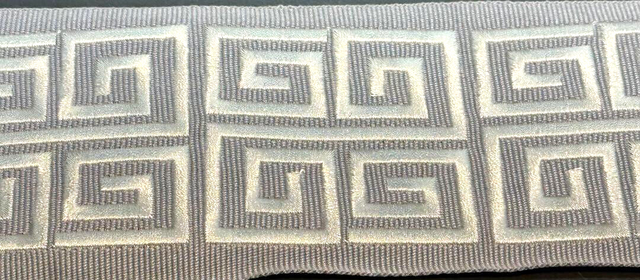 Fabricut Embroidery Silver Double Greek Key Trim Tape - Silver With White/Off White Embroidery Design, 3" Width (1 Yard)