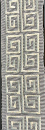 Fabricut Embroidery Silver Double Greek Key Trim Tape - Silver With White/Off White Embroidery Design, 3" Width (1 Yard)